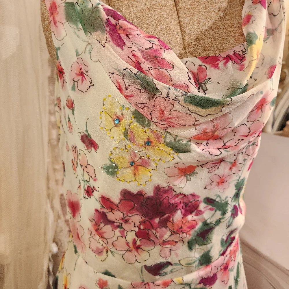 ౨ৎ 2000s beaded floral silk cowl dress ౨ৎ - Picture 2 of 6